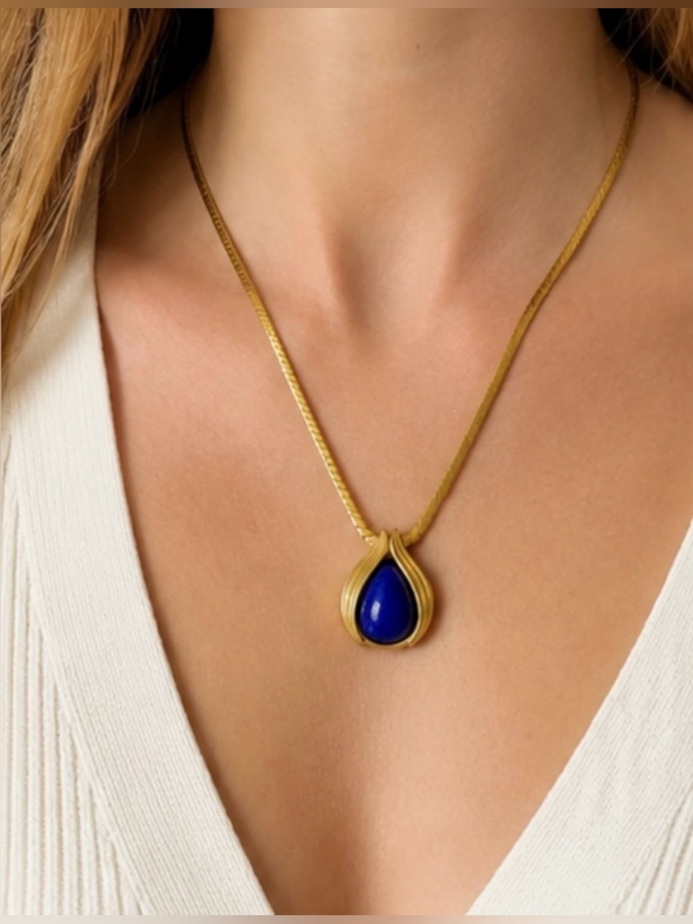 Vintage Christian Dior Blue Cabochon Teardrop Necklace, Circa 80’s